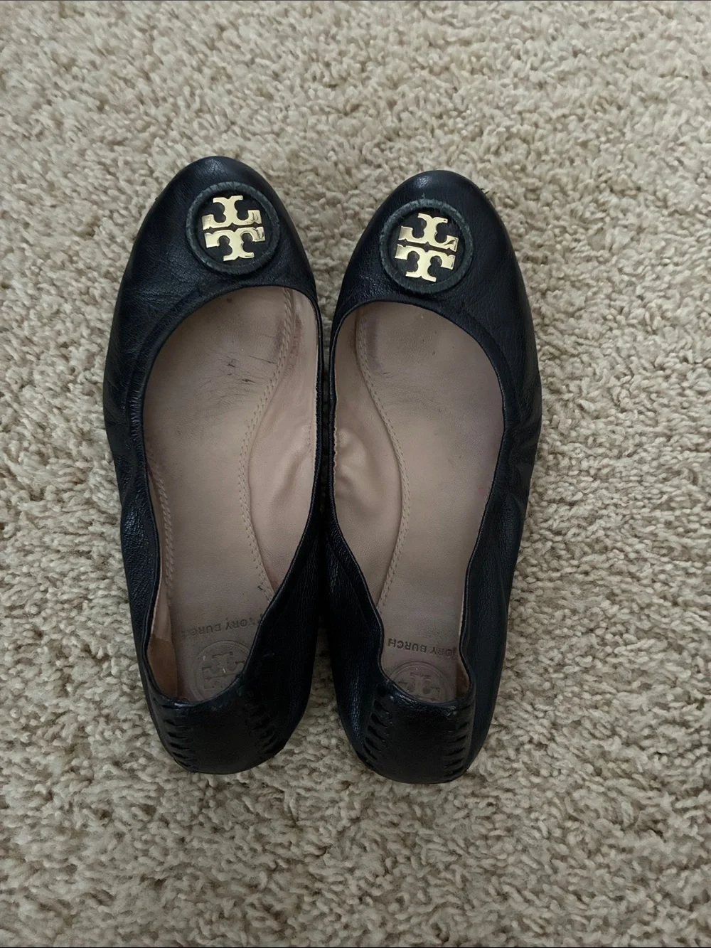 Tory Burch Black Leather Ballet Flats with Gold Emblem (size 7.5)